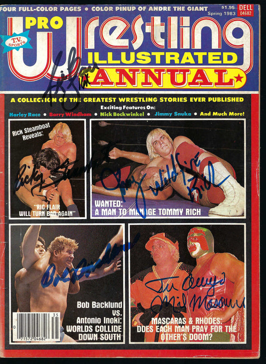 BD37 Ric Flair Ricky Steamboat Tommy Rich Bob Backlund Mil Mascaras Autographed Vintage Wrestling Magazine / Program w/COA