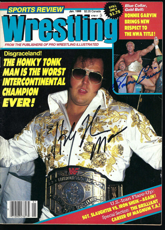 AM301 Honky Tonk Man Rugged Ronnie Garvin Signed Historical Wrestling Magazine w/COA