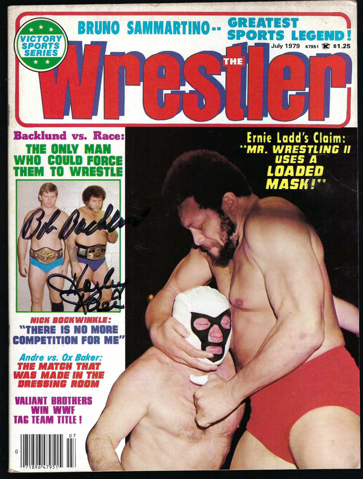 AM380  Bob Backlund  Harley Race ( Deceased ) Autographed vintage Wrestling Magazine w/COA