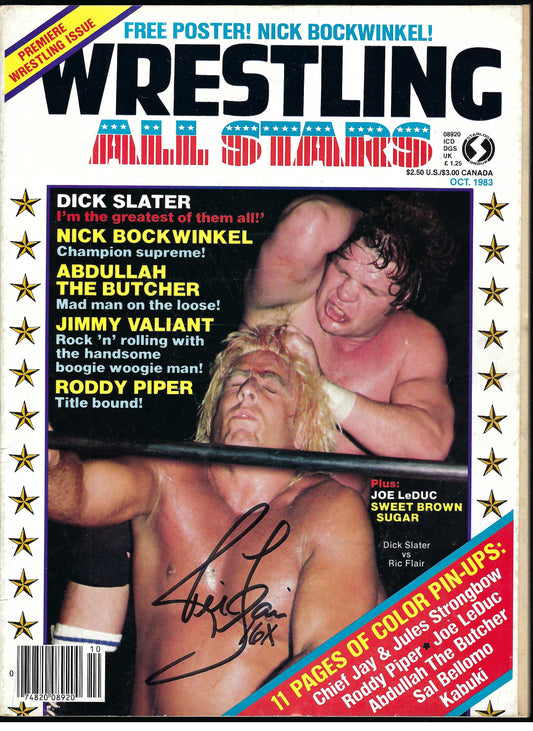 BD102  Ric Flair  Jimmy Valiant Jules Strongbow    Autographed Vintage Premiere Issue  Wrestling Magazine w/COA