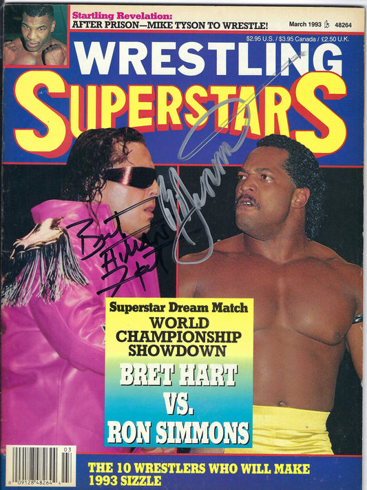 BD112  Bret Hart Ron Simmons  Autographed VERY RARE Vintage  Wrestling Magazine w/COA