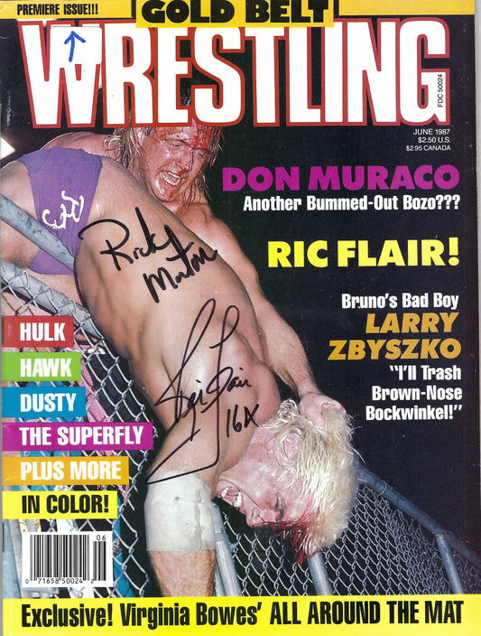 BD150   Ric Flair  Ricky Morton  Sgt. Slaughter Autographed VERY RARE Premiere Issue Vintage Wrestling Magazine w/COA