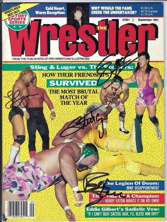 BD154  Sting Lex Luger  Steiner Brothers Autographed VERY RARE  Vintage Wrestling Magazine w/COA