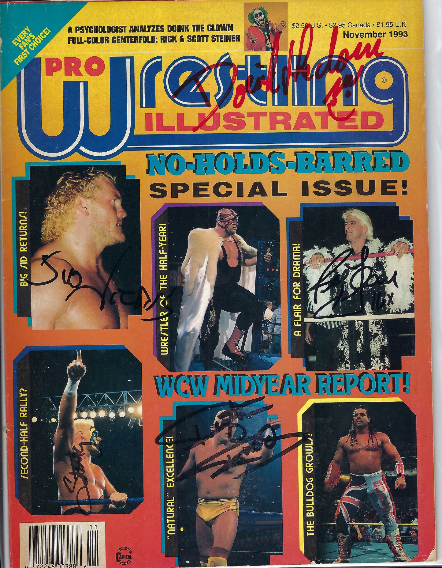 BD156    Doink the Clown Sid Ric Flair Dustin Rhodes Sting  Autographed VERY RARE  Vintage Wrestling Magazine w/COA