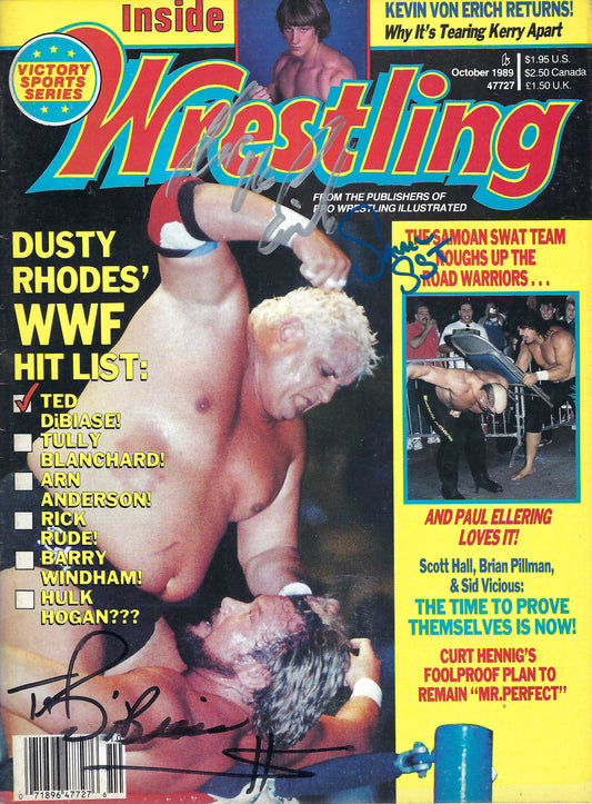 BD164  Ted Dibiase  Kevin Von Erich  Samu Autographed VERY RARE  Vintage Wrestling Magazine w/COA