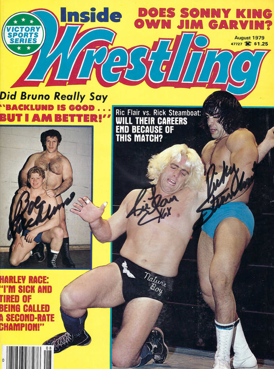 BD202  Ric Flair  Bob Backlund  Ricky Steamboat Autographed VERY RARE  Vintage Wrestling Magazine w/COA