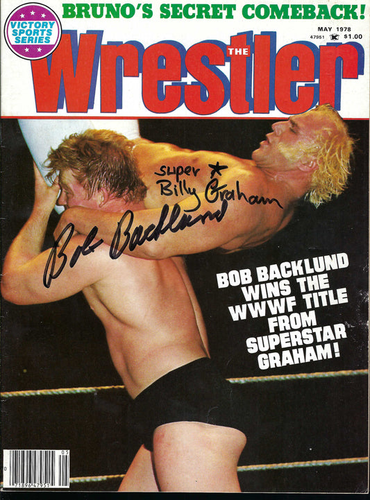 BD206  Superstar Billy Graham   Bob Backlund  Autographed VERY RARE  Vintage Wrestling Magazine w/COA