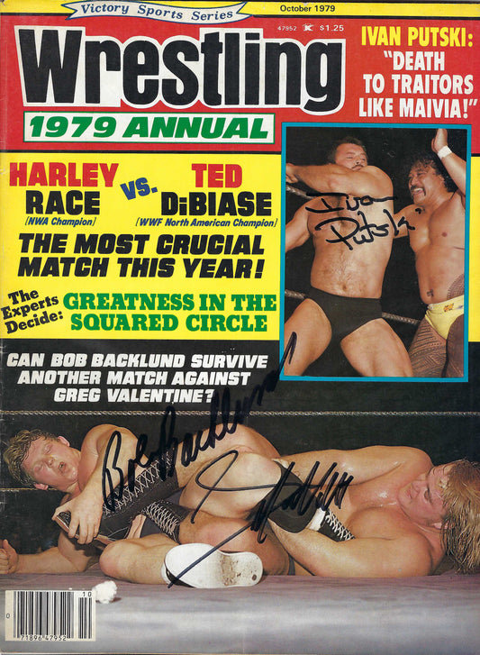 BD210 Bob Backlund  Greg Valentine  Ivan Putski   Autographed VERY RARE  Vintage Wrestling Magazine w/COA