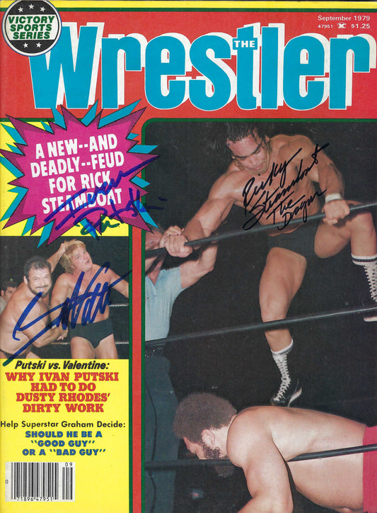 BD220  Ricky Steamboat Greg Valentine Ivan Putski  Autographed VERY RARE  Vintage Wrestling Magazine w/COA