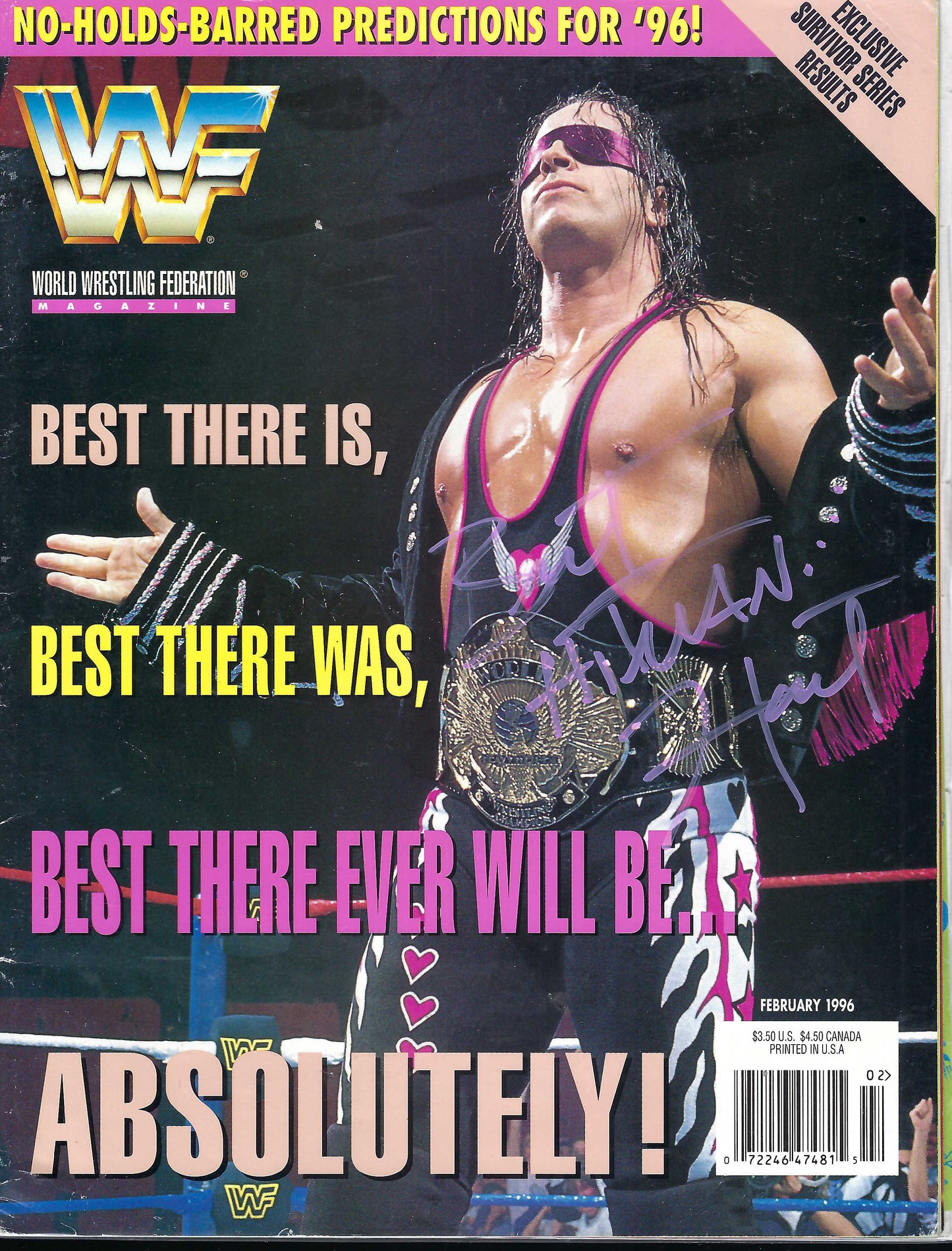 BD255 Bret Hart  VERY RARE Autographed Vintage Wrestling Magazine  w/COA