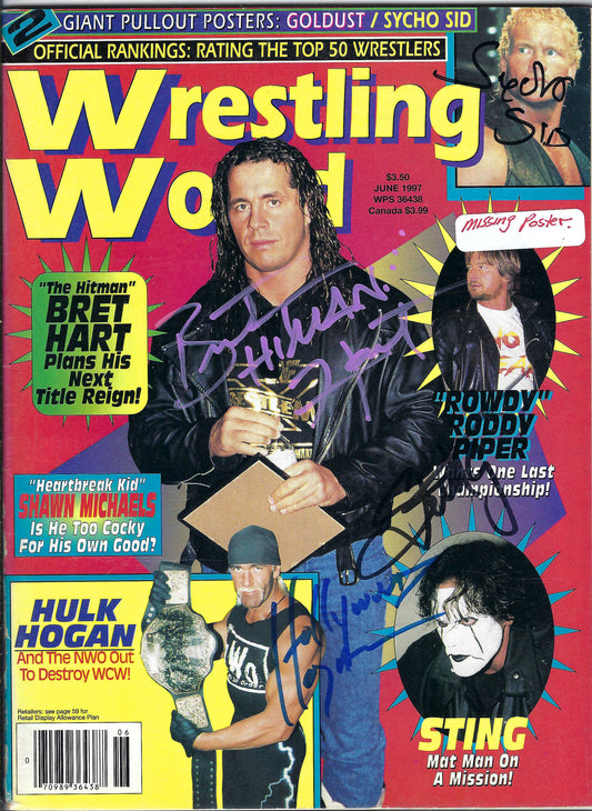 BD272  Bret Hart  Sting  Hulk Hogan  Sysco Sid  Flash Funk  Autographed Vintage Wrestling Magazine  w/COA