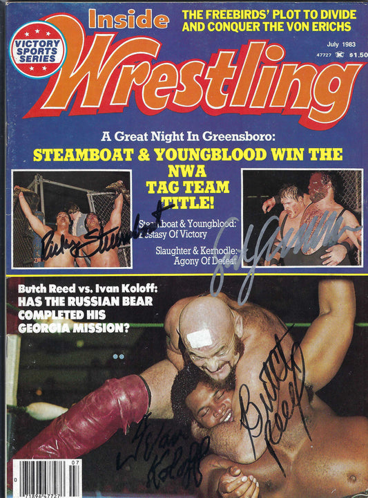 BD56  Sgt. Slaughter Ricky Steamboat  Butch Reed (Deceased ) Ivan Koloff  ( Deceased )  Autographed Vintage Wrestling Magazine   w/COA