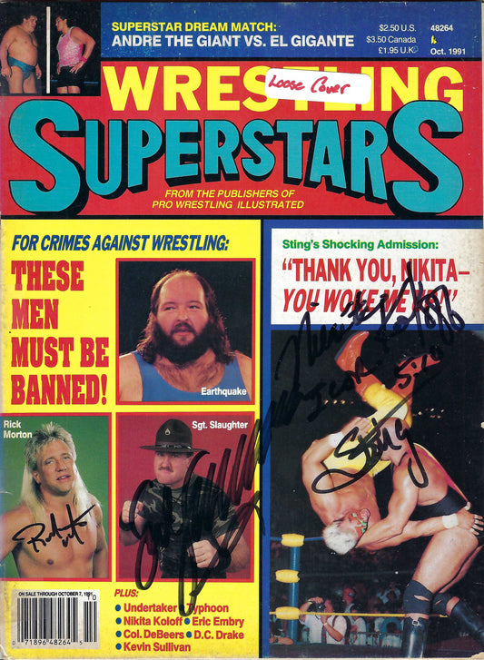 BD57  Nikita Koloff  Sgt. Slaughter Ricky Morton Sting Autographed Vintage Wrestling Magazine w/COA