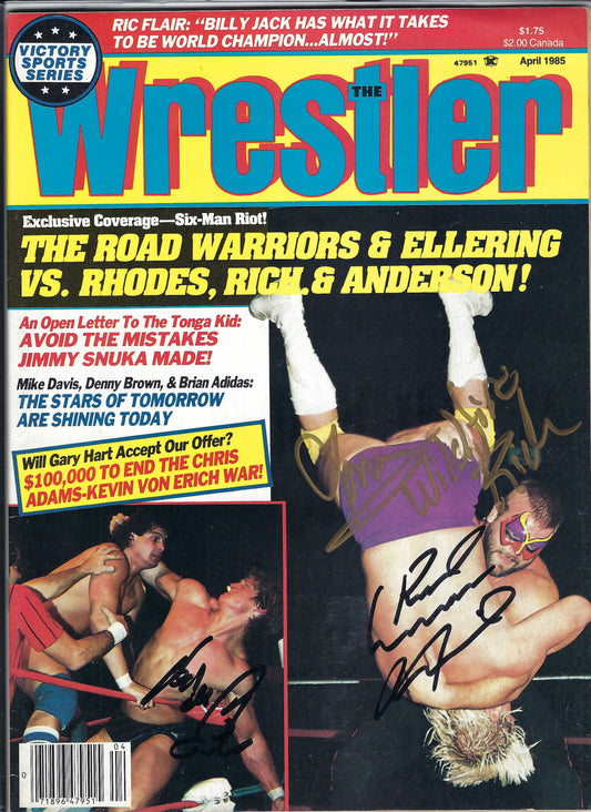 BD66  Road Warrior Animal (Deceased)  Tommy Rich  Kevin Von Erich     Autographed Vintage Wrestling Magazine w/COA