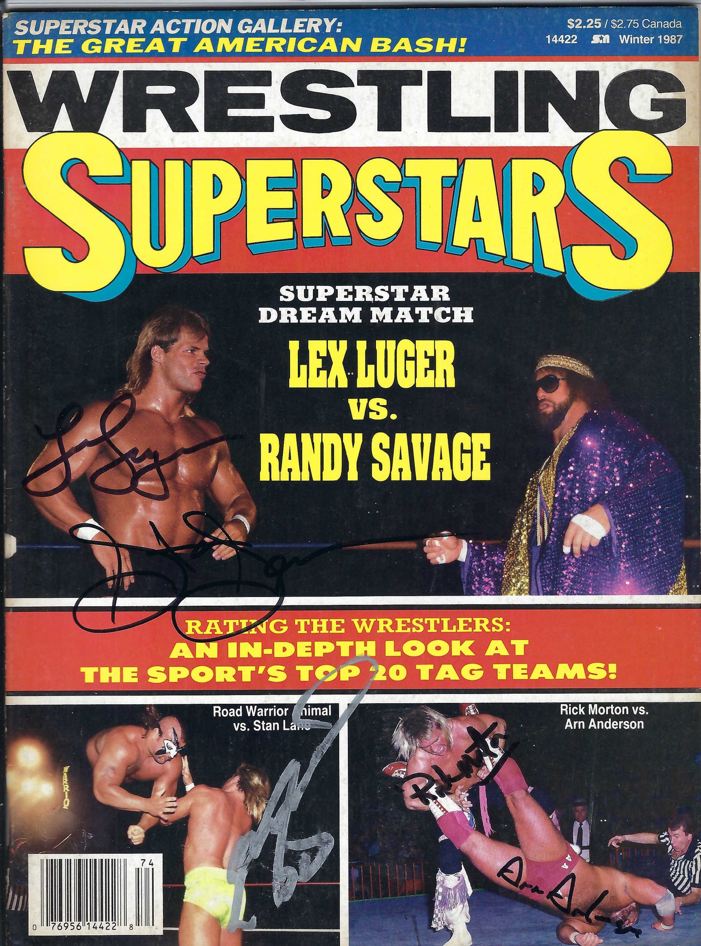 BD75  Lex Luger  Road Warrior Animal Ricky Morton  Arn Anderson  Autographed Vintage Wrestling Magazine Poster w/COA