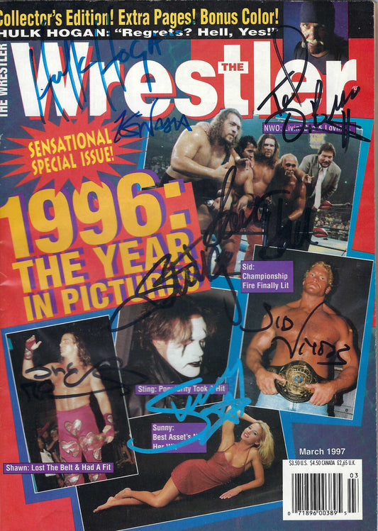 BD91  Kevin Nash Hulk Hogan Sting Sid Vicious Ted DiBiase  Sunny  Shawn Michaels    Autographed Vintage Wrestling Magazine w/COA