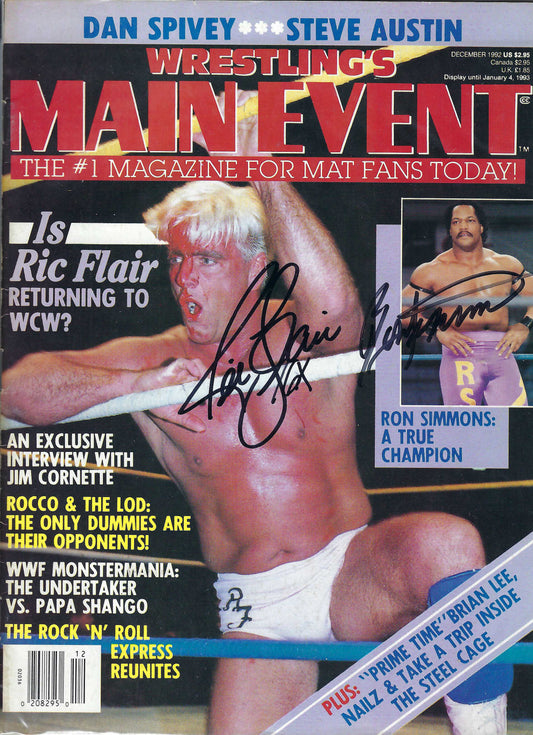 BD92  Ric Flair X2  Ron Simmons  Demolition Ax  Autographed Vintage Wrestling Magazine w/COA
