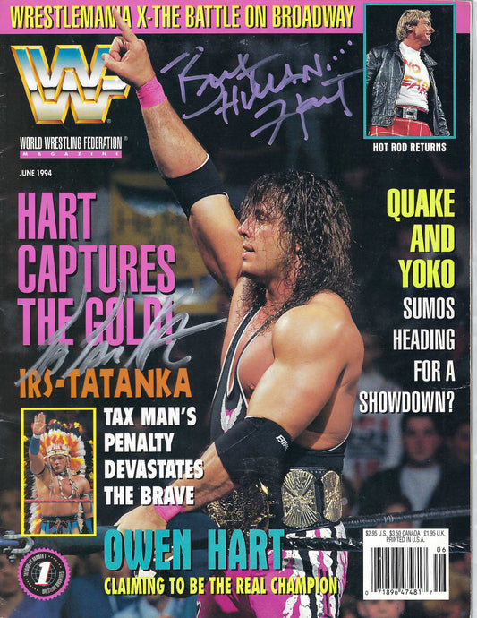 BD94 Bret Hart  Tatanka Autographed Vintage Wrestling Magazine w/COA