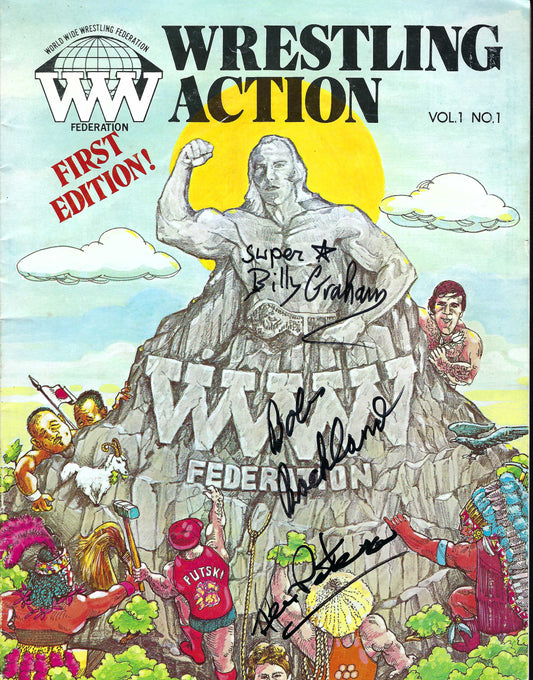 BM11  Superstar Billy Graham  Bob Backlund  Ken Patera Autographed First Edition Vintage Wrestling Magazine w/COA