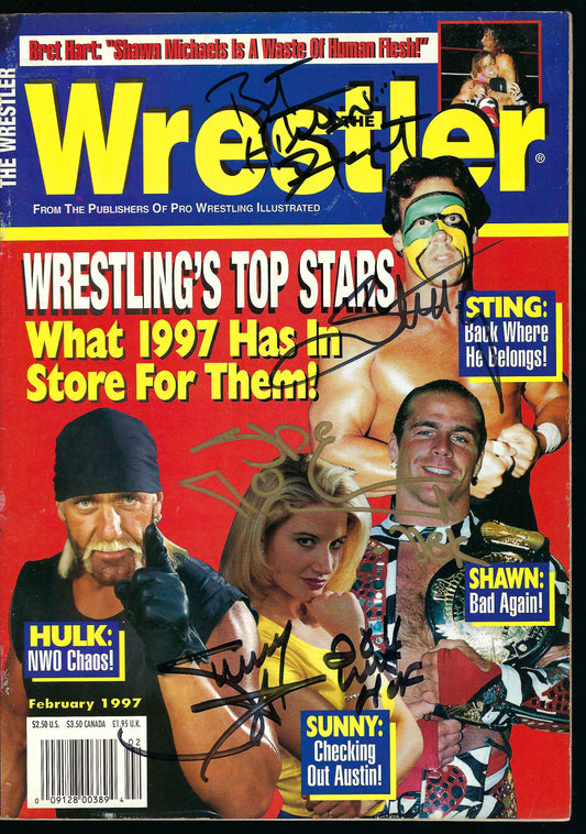 BM4  Bret Hart Sting Shawn Michaels Sunny  Autographed Wrestling Magazine w/COA