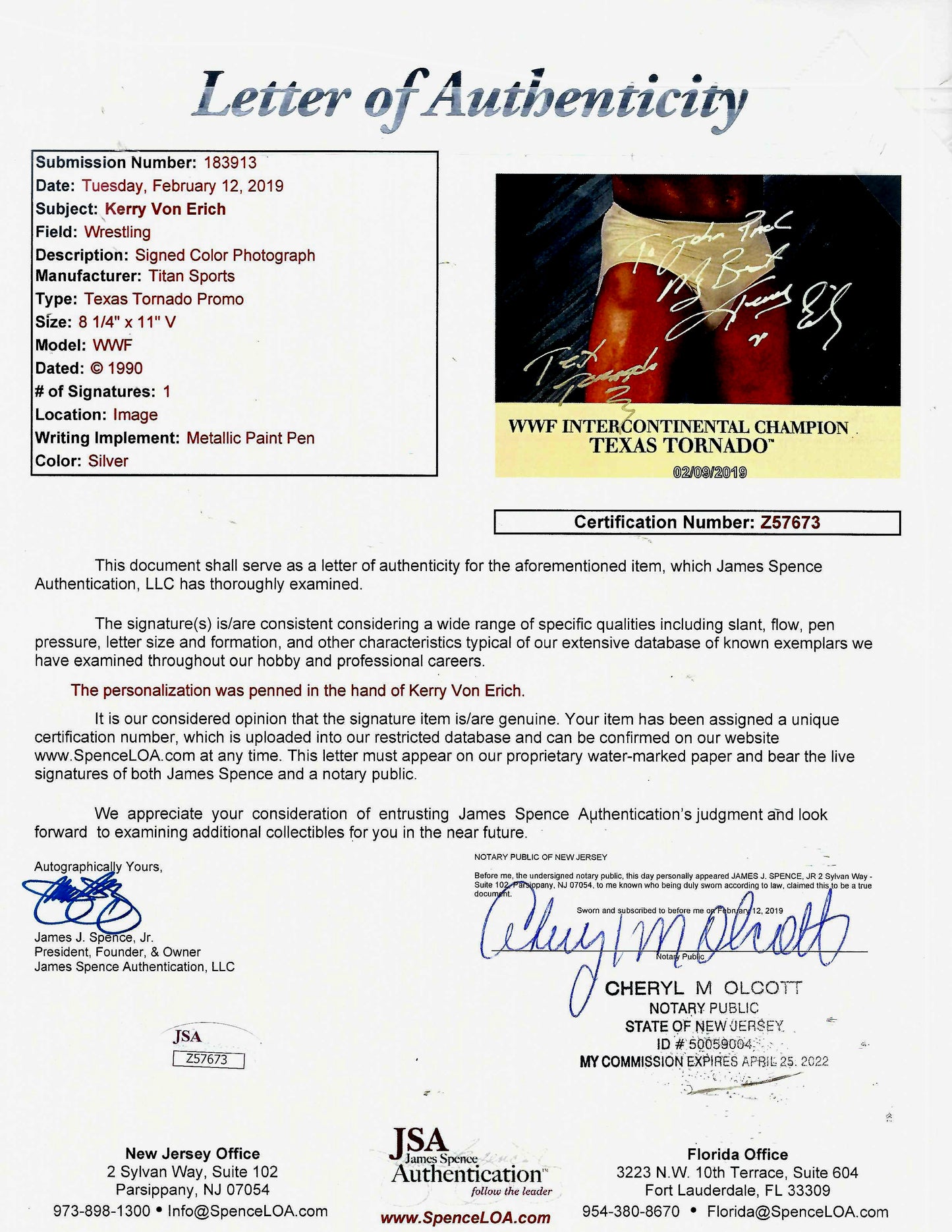 KVE1  Texas Tornado Kerry Von Erich ( Deceased ) Autographed Original WWE Promo JSA Certified