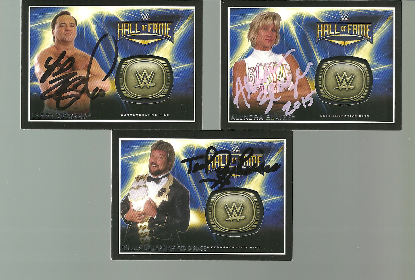 WWEHOF2  Alundra Blaze , Larry Zbyzsko , Ted Dibiase Autographed WWE Hall of Fame ring Cards w/COA