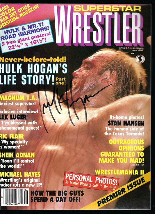 2RF8   Hulk Hogan Nature Boy Ric Flair  VERY RARE  PREMIERE ISSUE  Autographed Vintage Wrestling Magazine w/COA