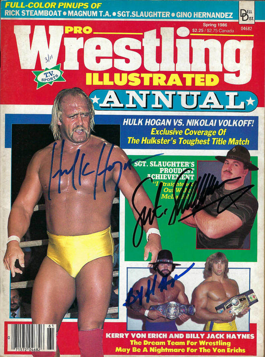 AM14  Hulk Hogan  Sgt. Slaughter  Billy Jack Haynes signed Wrestling Magazine w/COA