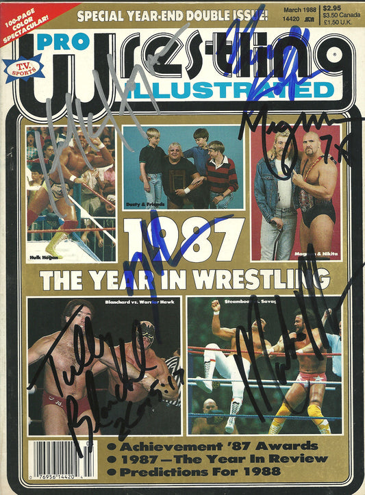 AM24 Hulk Hogan ,  Macho Man Randy Savage  , Road Warrior Hawk  , Magnum T.A.  , Nikita Koloff  , Tully Blanchard Autographed Wrestling Magazine w/COA