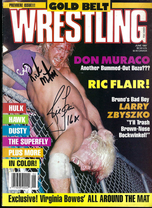 AM71 Nature Boy Ric Flair , Ricky Morton , Sgt. Slaughter Autographed Premiere Wrestling Magazine w/COA
