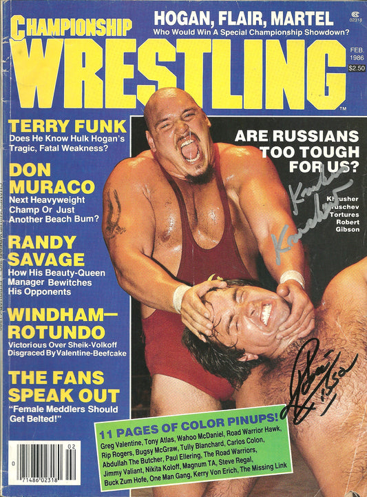 AM83  Khrusher Khrushchev vs Robert Gibson  Autographed PWI Wrestling Magazine w/COA