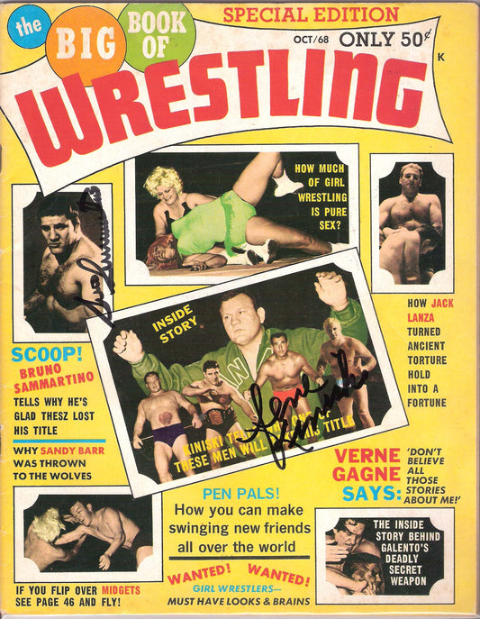 AM86   Gene Kiniski Bruno Sammartino ( Both Deceased ) Autographed  Wrestling Magazine w/COA