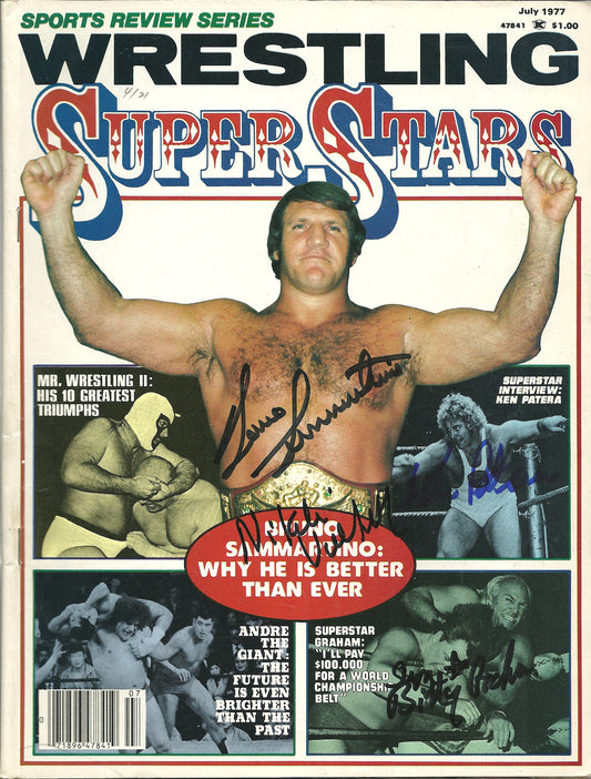 AM91  Bruno Sammartino , Nikolai Volkoff  ( both Deceased ) Superstar Billy Graham , Ken Patera Autographed  Wrestling Magazine w/COA
