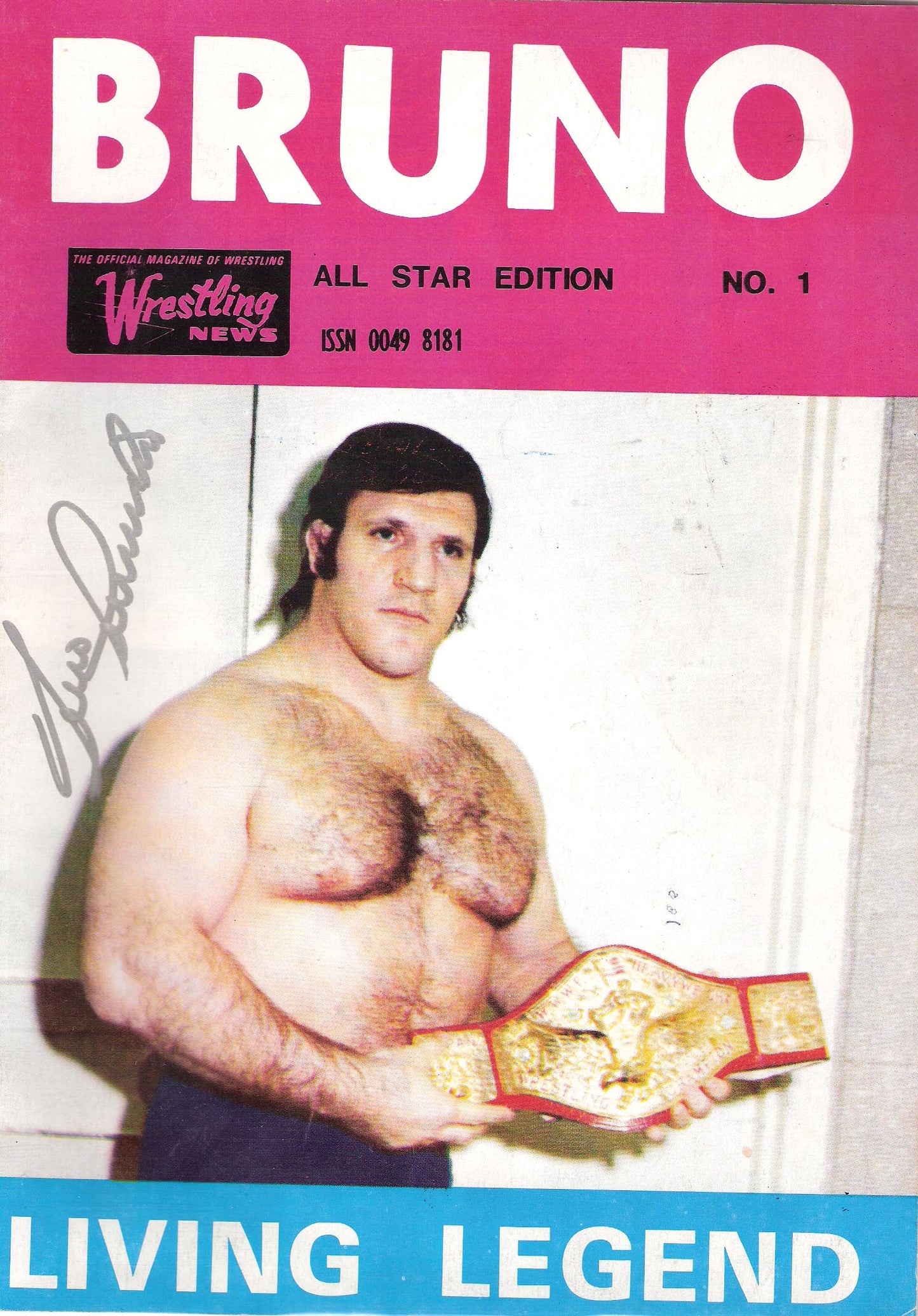 AM102 Bruno Sammartino  ( Deceased ) Autographed Wrestling Magazine w/COA