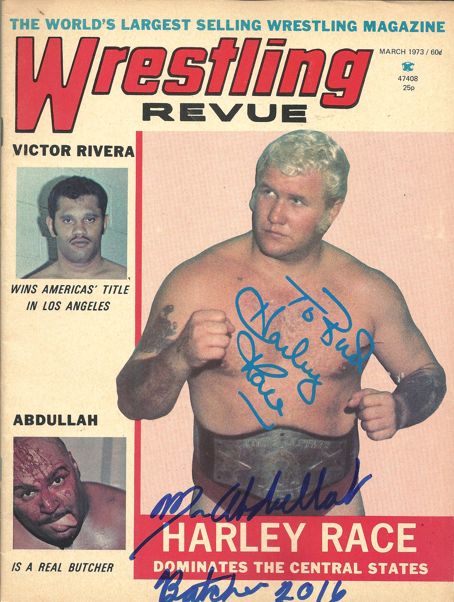 AM108  Harley Race ( Deceased ) Abdullah the Butcher Autographed Wrestling Magazine w/COA