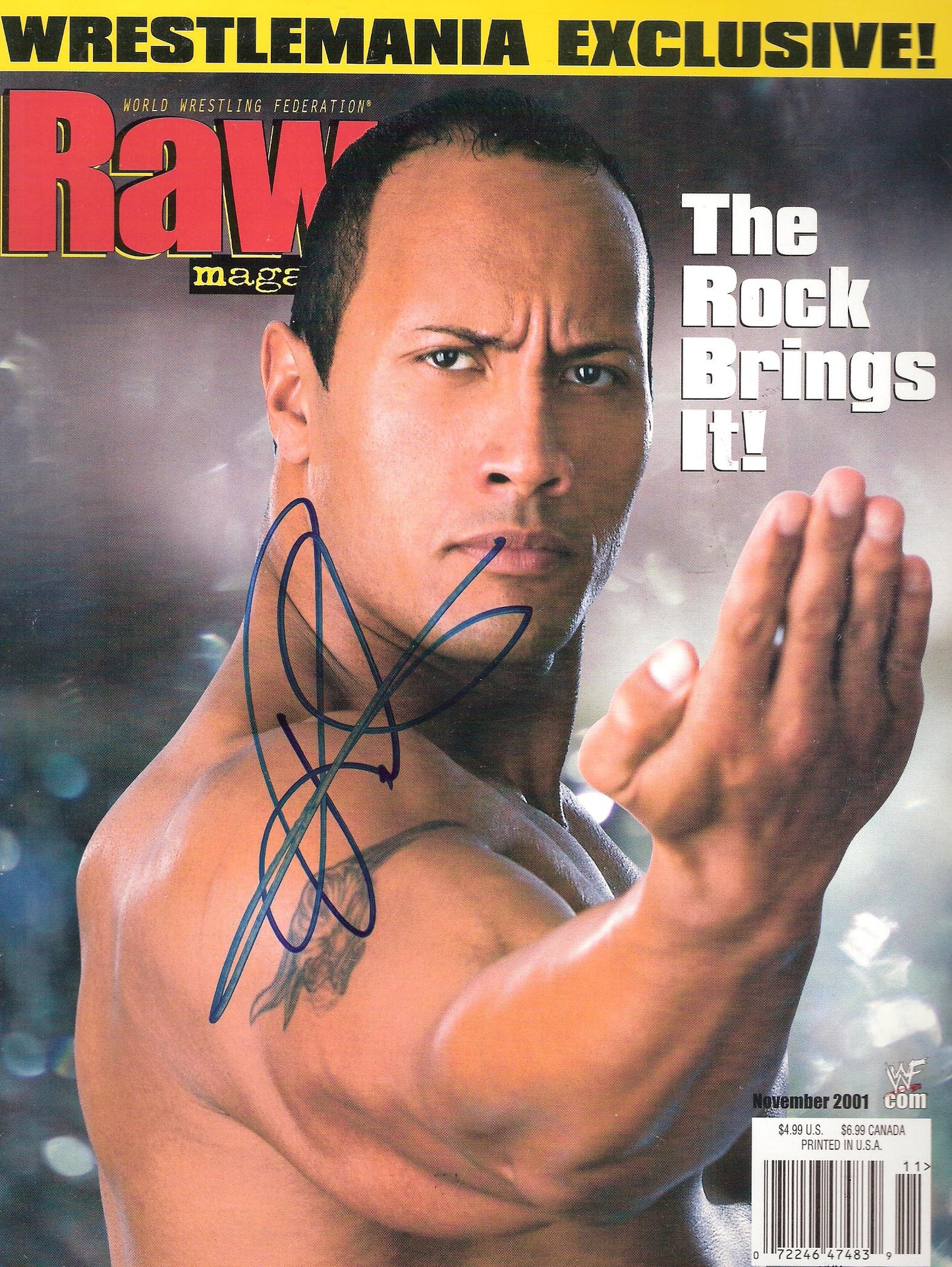 AM153  The Rock Autographed WWF RAW Wrestling Magazine w/COA