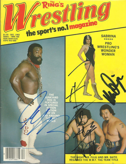 AM161  Junk Yard Dog  , Mr. Fugi ,  Mr Siato  ( all deceased ) Autographed Vintage Wrestling Magazine w/COA