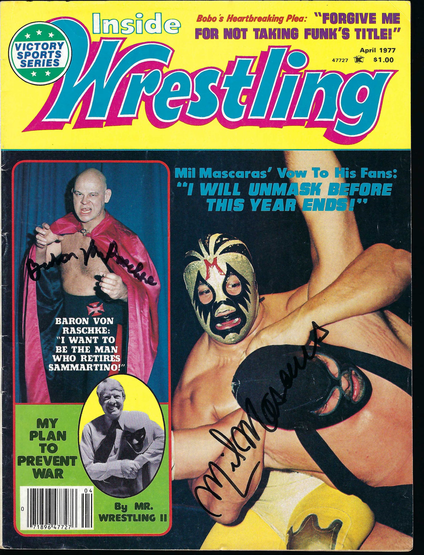 AM182  Mil Mascaras Baron Von Raschke Autographed vintage Wrestling Magazine w/COA