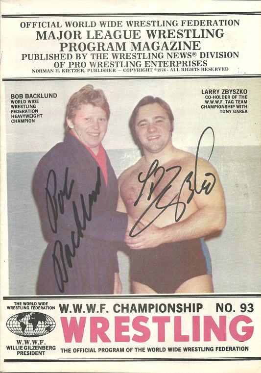 AM185  Bob Backlund Larry Zbyszko Autographed vintage Wrestling Magazine w/COA