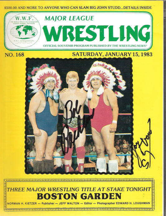 AM191  Bob Backlund and Chief Jay Strongbow  ( Deceased ) Autographed vintage Wrestling Magazine w/COA