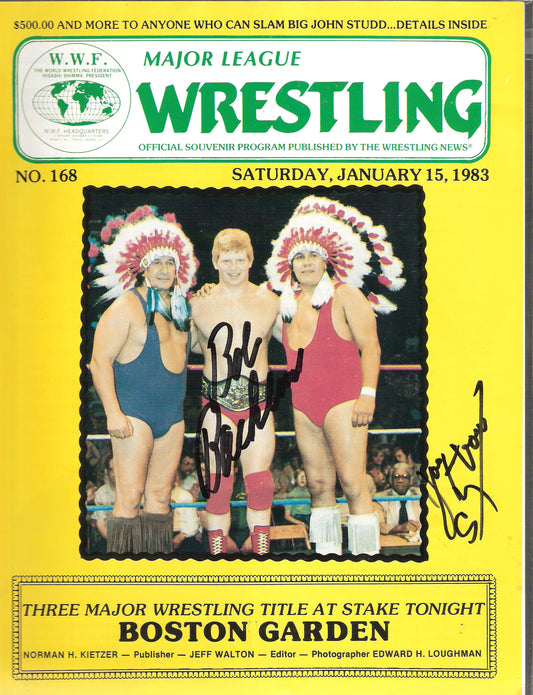 AM191 Bob Backlund and Chief Jay Strongbow ( Deceased ) Autographed vintage Wrestling Magazine w/COA