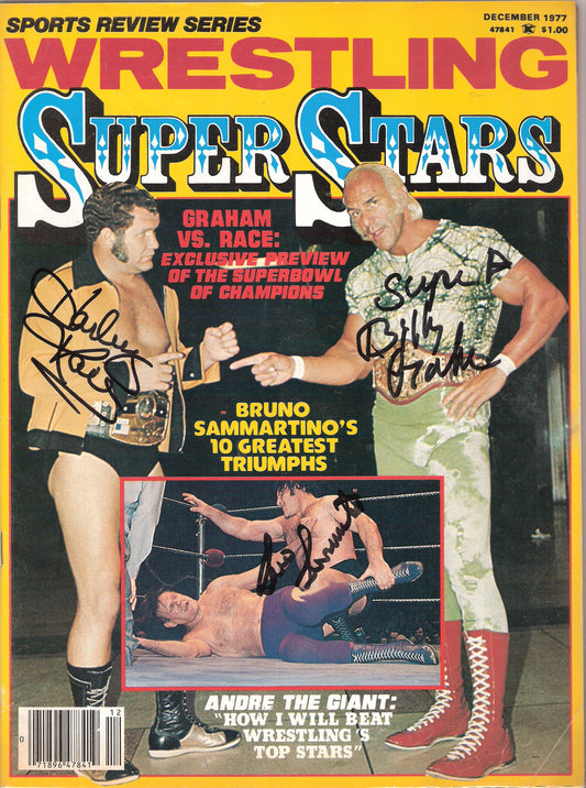 AM198  Bruno Sammartino ( Deceased ) Harley Race ( Deceased ) Superstar Billy Graham Autographed vintage Wrestling Magazine w/COA
