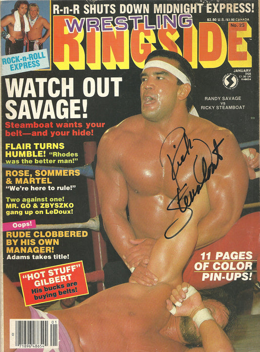 AM240  Ricky the Dragon Steamboat  Autographed vintage Wrestling Magazine Poster w/COA