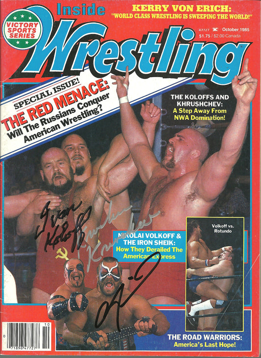 AM253  Krusher Khrushchev , Ivan Koloff , Road Warrior Animal ( Deceased ) Autographed vintage Wrestling Magazine w/COA