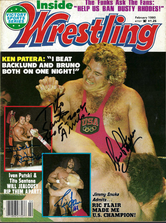 AM292 Ric Flair Tito Santana Ivan Putski Ken Patera Autographed vintage Wrestling Magazine w/COA