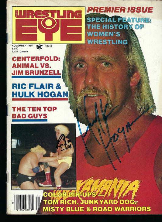 AM294    Hulk Hogan Ric Flair Road Warrior Animal ( Deceased ) Jim Brunzell Greg Gagne  Autographed vintage Wrestling Magazine w/COA