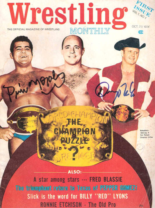 AM305  Dory Funk Jr. Pedro Morales (  Deceased ) Signed Historical First Issue Wrestling Magazine  w/COA