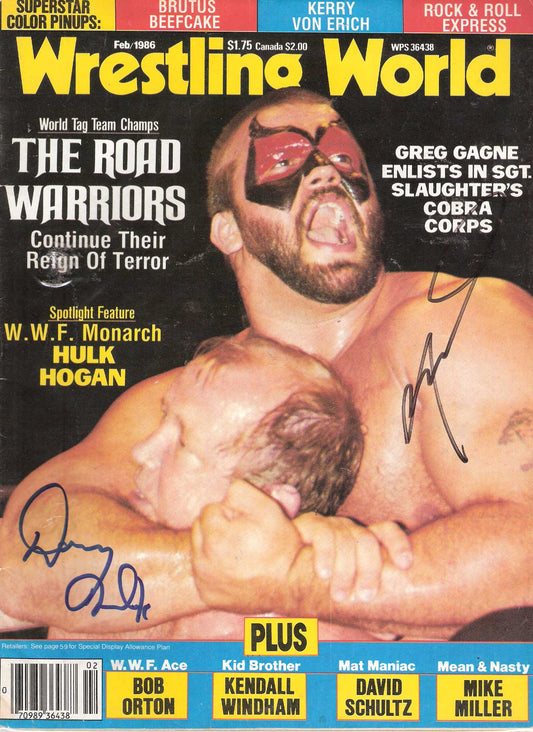 AM306  Dory Funk Jr.  Road Warrior Animal Steele ( Deceased ) Signed Historical Wrestling Magazine  w/COA