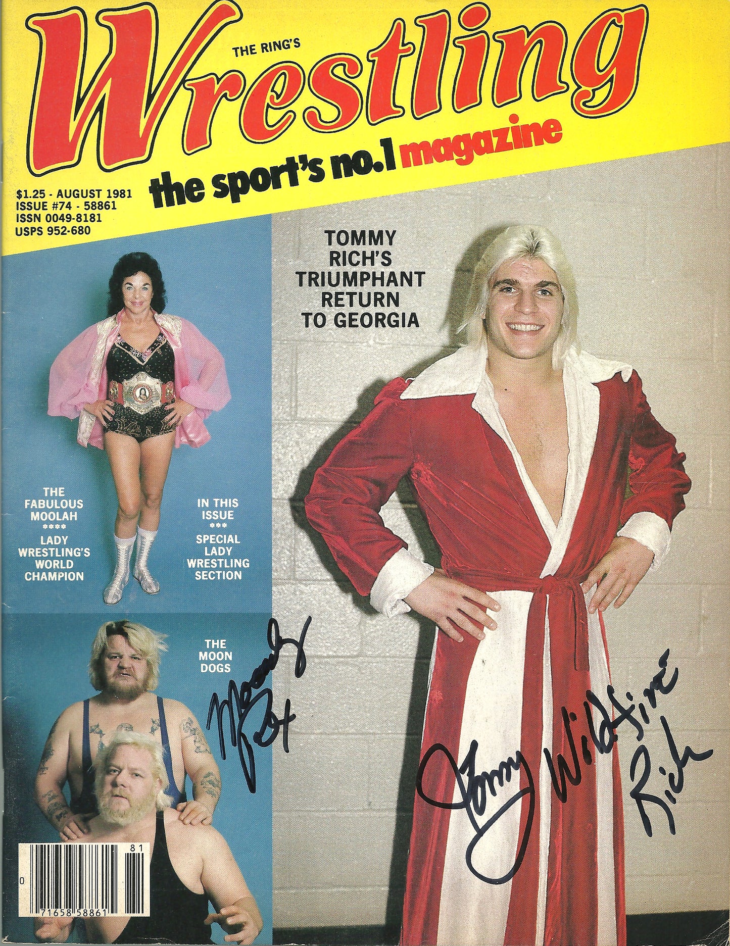 AM307   Wildfire Tommy Rich  Moondog Rex ( Deceased ) Signed Historical Wrestling Magazine  w/COA