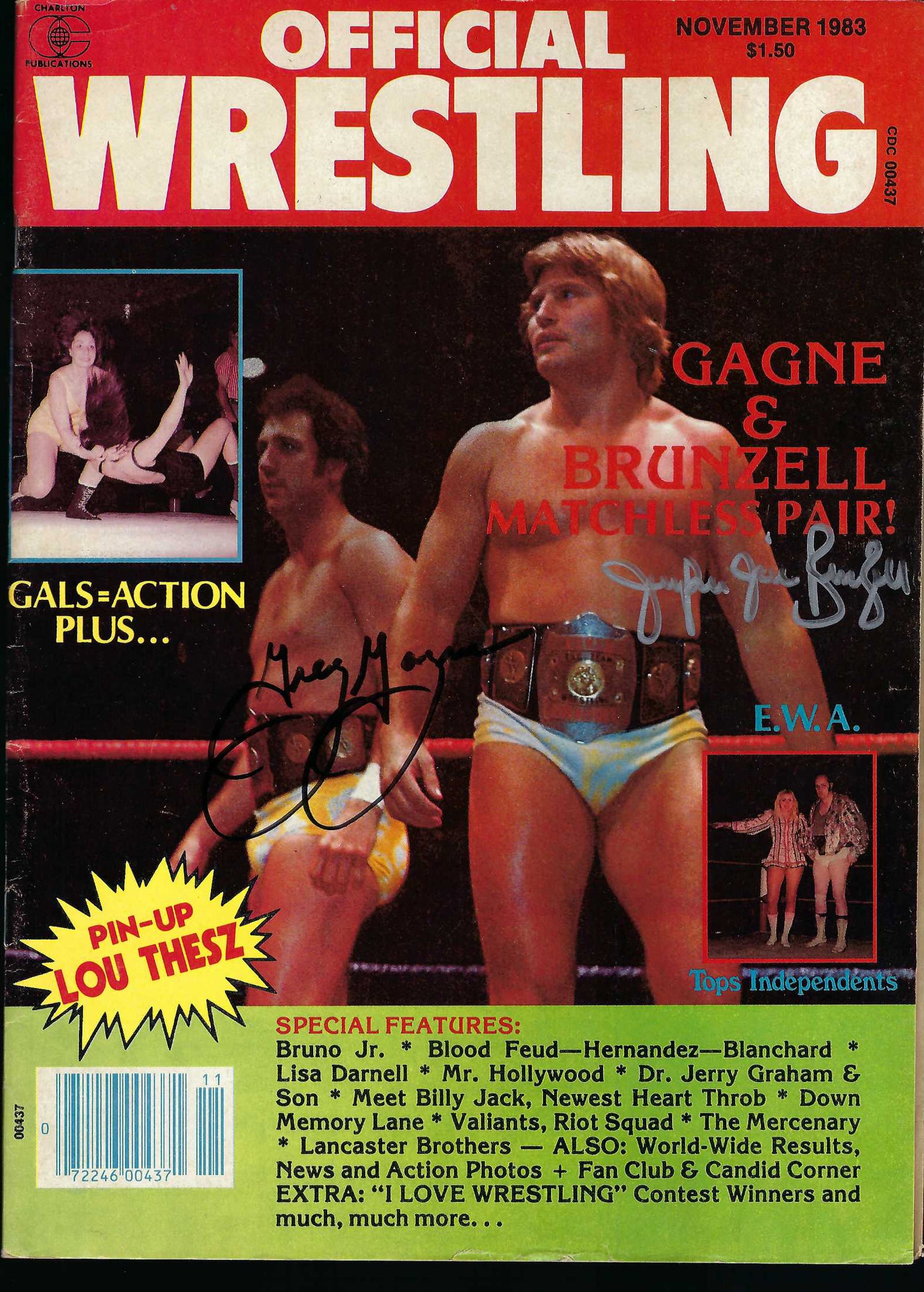 AM324  The High Flyers Greg Gagne and Jim Brunzell  Autographed vintage Wrestling Magazine w/COA